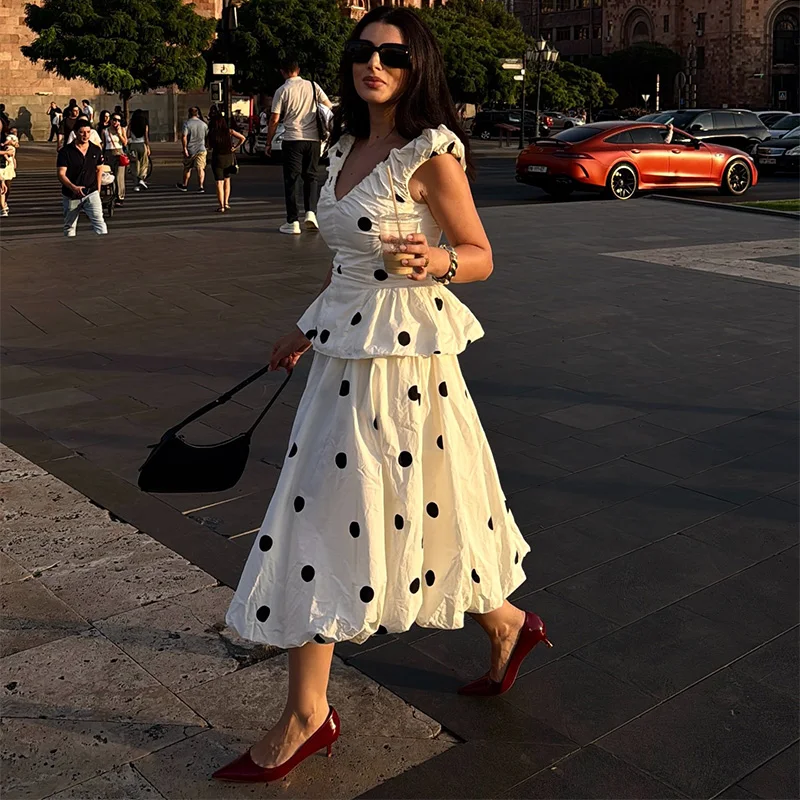 Elegant White Polka Dot Two-Piece Set Women Chic V-neck Ruffles Pleated Sleeveless Hem Gown Suit Summer Vacation Party Outfit