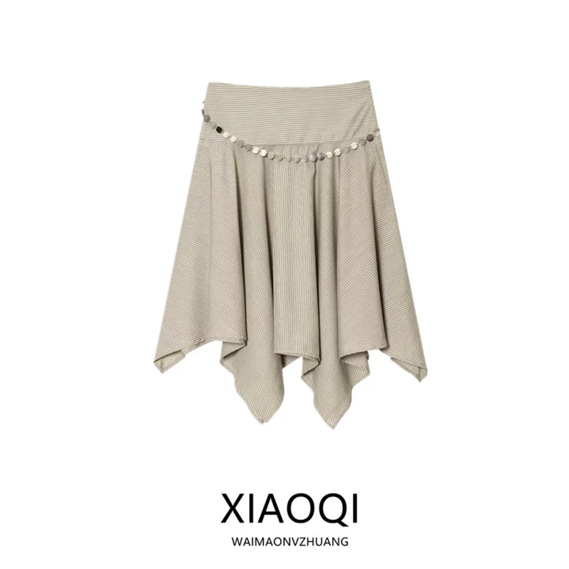 Summer 2025 New Asymmetric Midi Skirt Women's Fashion Stripe Belted Half-length Skirts Casual Style Loose Fit Midi Series