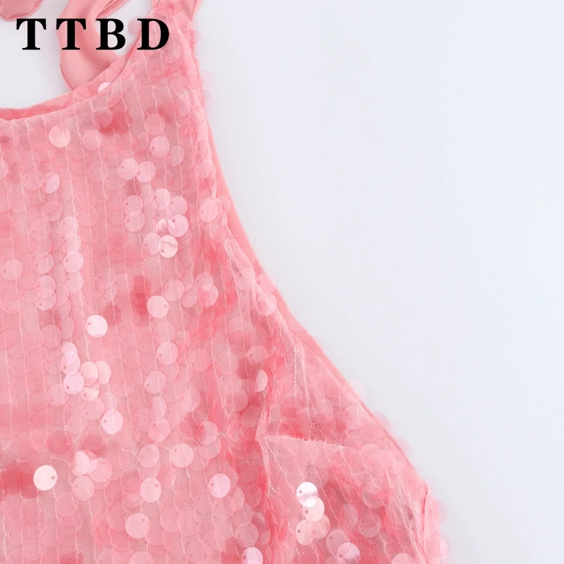 TTBD 2024 Summer Women\'s Fashion Backless Mini Dress O-Neck Sleeveless with Sequin Decoration Beach Style Slim Fit Dress