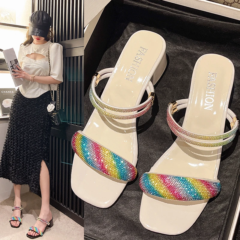 

New Women Slippers Slides Mules Square Mid Heels Women Shoes Bling Shine Mixed Colors Summer Slippers Plus Size Zapatos De Mujer