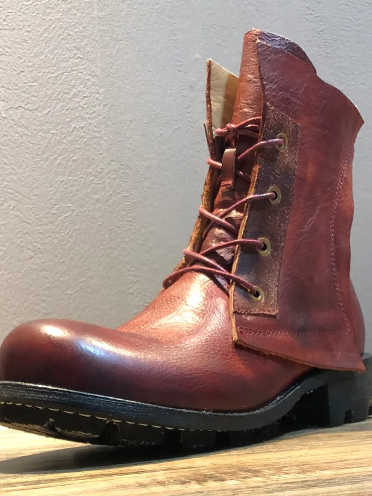 Handmade Vintage Round Toe Mens High Top Work Safety Shoes Cowhide Genuine Leather Ankle Boots Lace Up Motorcycle Riding Boots
