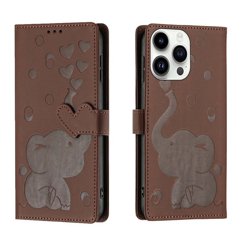 Love Elephant Cat Flip Leather Phone Case For iPhone 16 15 14 13 12 11 Pro Max Plus X XS XR 7 8 SE Card Holder Stand Book Cover