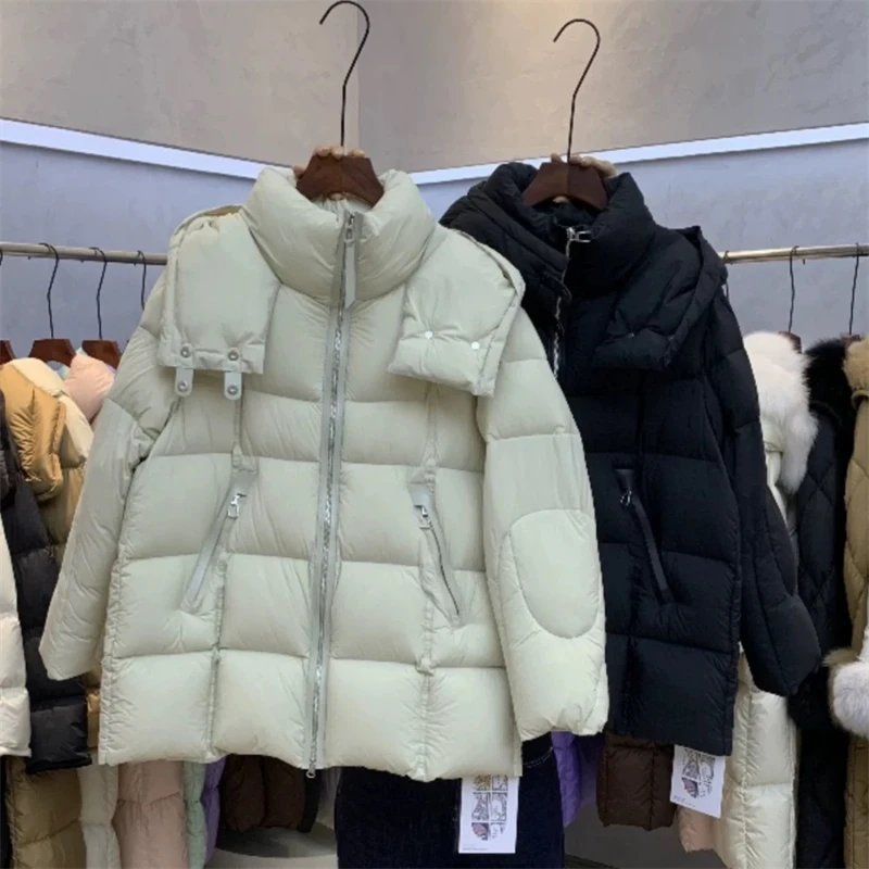شتاء جديد وصول المرأة منتفخ سميكة الدافئة مقنعين أسفل سترة عالية الجودة موضة عادية فضفاض تنوعا الأبيض بطة ريشة معطف #2