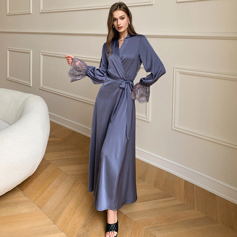 Sexy Women\'s Pajama Gown Satin Ice Silk French Elegant Transparent Backless Home Clothes Nightwear Lace Stitching Robe Dresses