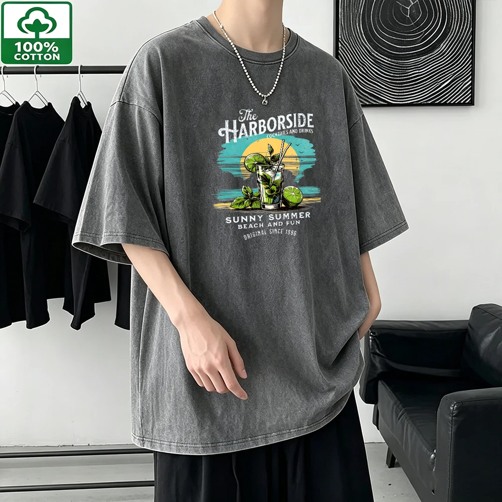 Cotton Vintage Washed T-Shirt Men's The Harborside Cocktail Print Outdoor Casual Loose Distressed Short Sleeve Tee Streetwear