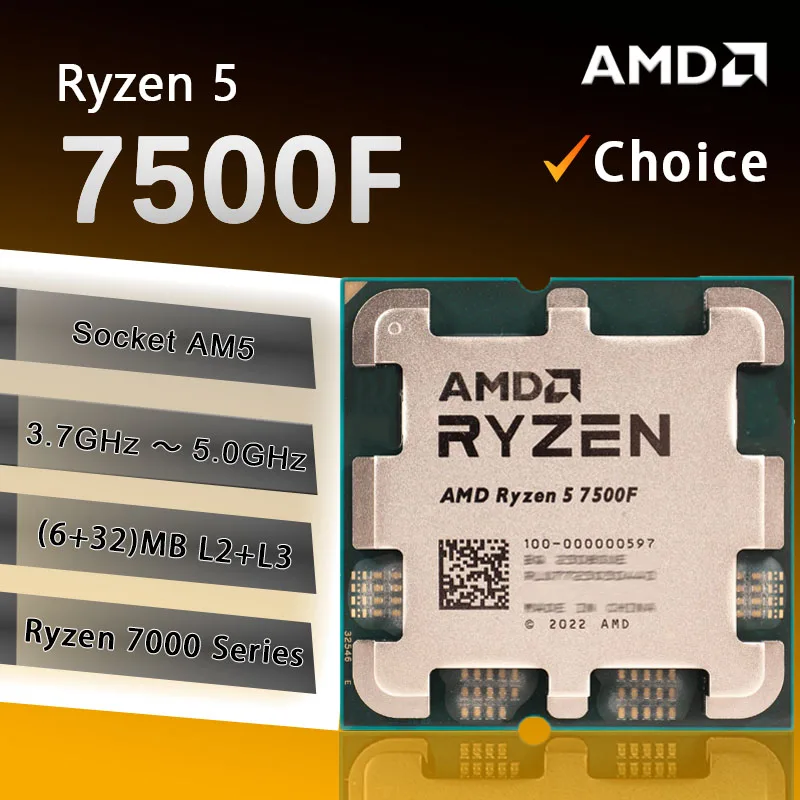 

AMD Ryzen 5 7500F R5 7500F Новый 3,7 ГГц 5 нм L3 = 32 м 100-000001015 Розетка AM5 Лоток, но без кулера