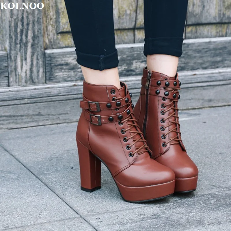 

Kolnoo Handmade New Arrival Ladies Chunky Heels Ankle Boots Crisscross Shoelace Platform Dress Boots Evening Fashion Prom Shoes