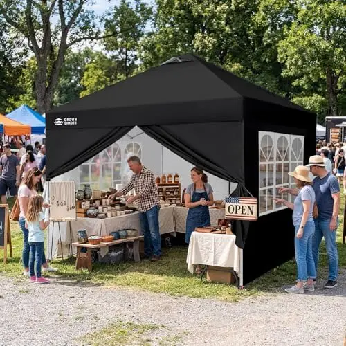 10X10 Pop Up Canopy, Outdoor Camping Canopy Tent, Black | One Push Setup, 150D Silver-Coated Fabric, STO-N-GO Bag