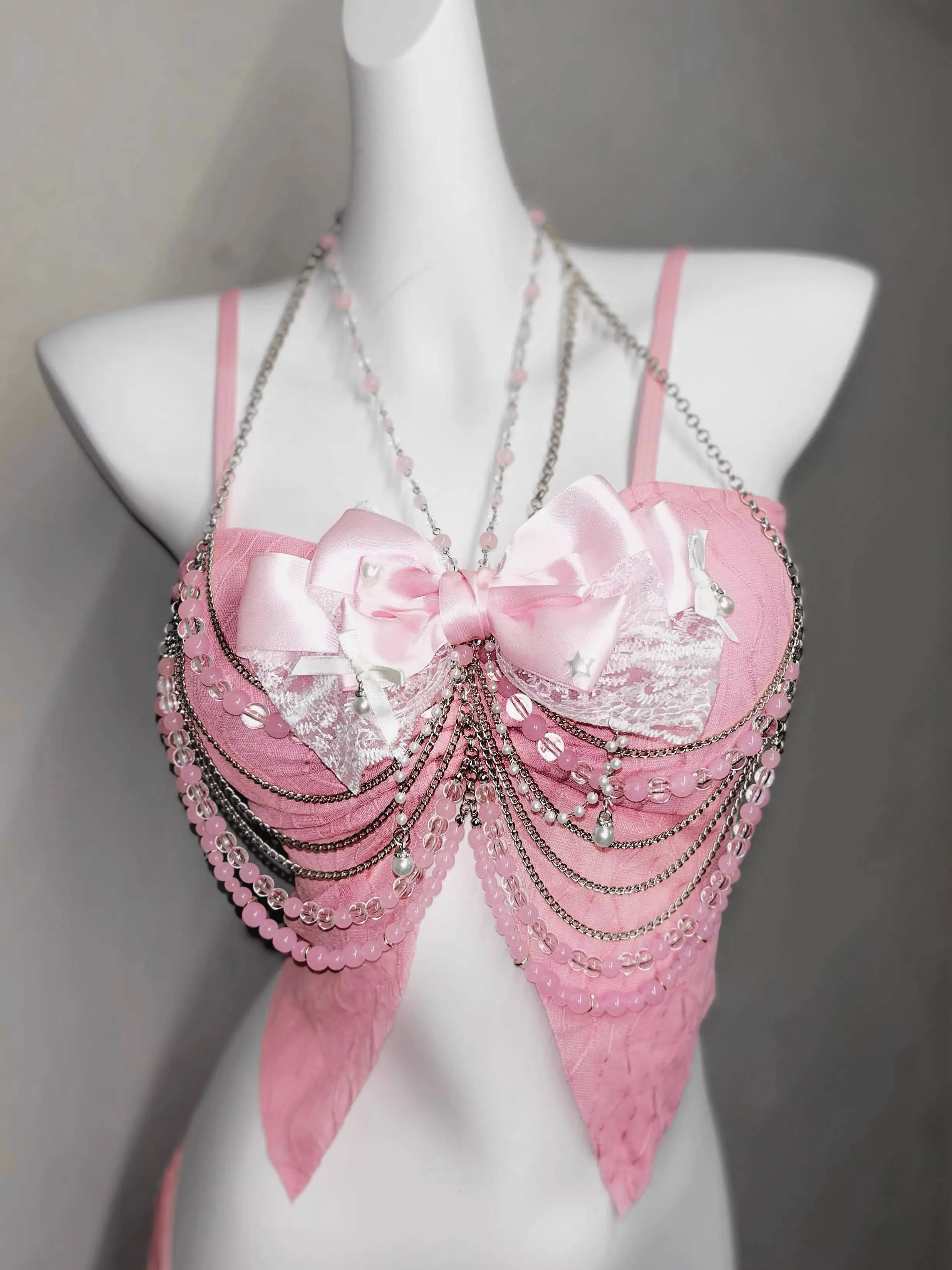 

TDH* Peach Jam Pink Subculture Sexy Handmade Body Chain Two-Piece Dress Hot Girl Outfit