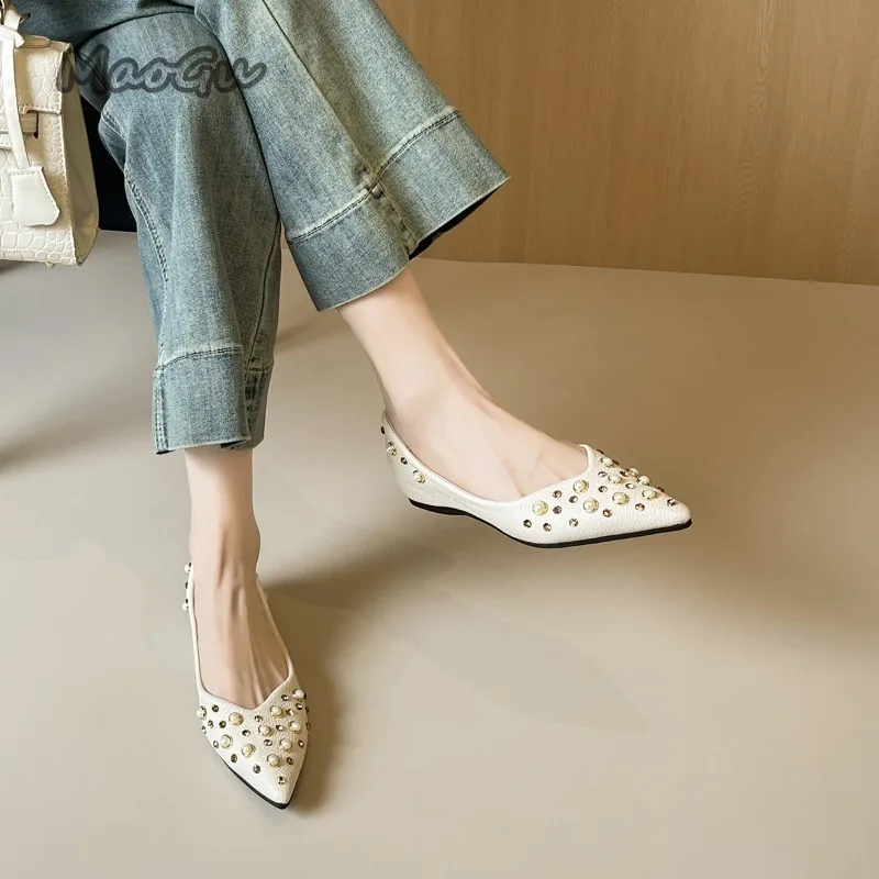 

Женские туфли на плоской подошве с острым носком во французском стиле, удобная нескользящая повседневная прогулочная обувь на мягкой подошве, офисные женские лоферы с бисером