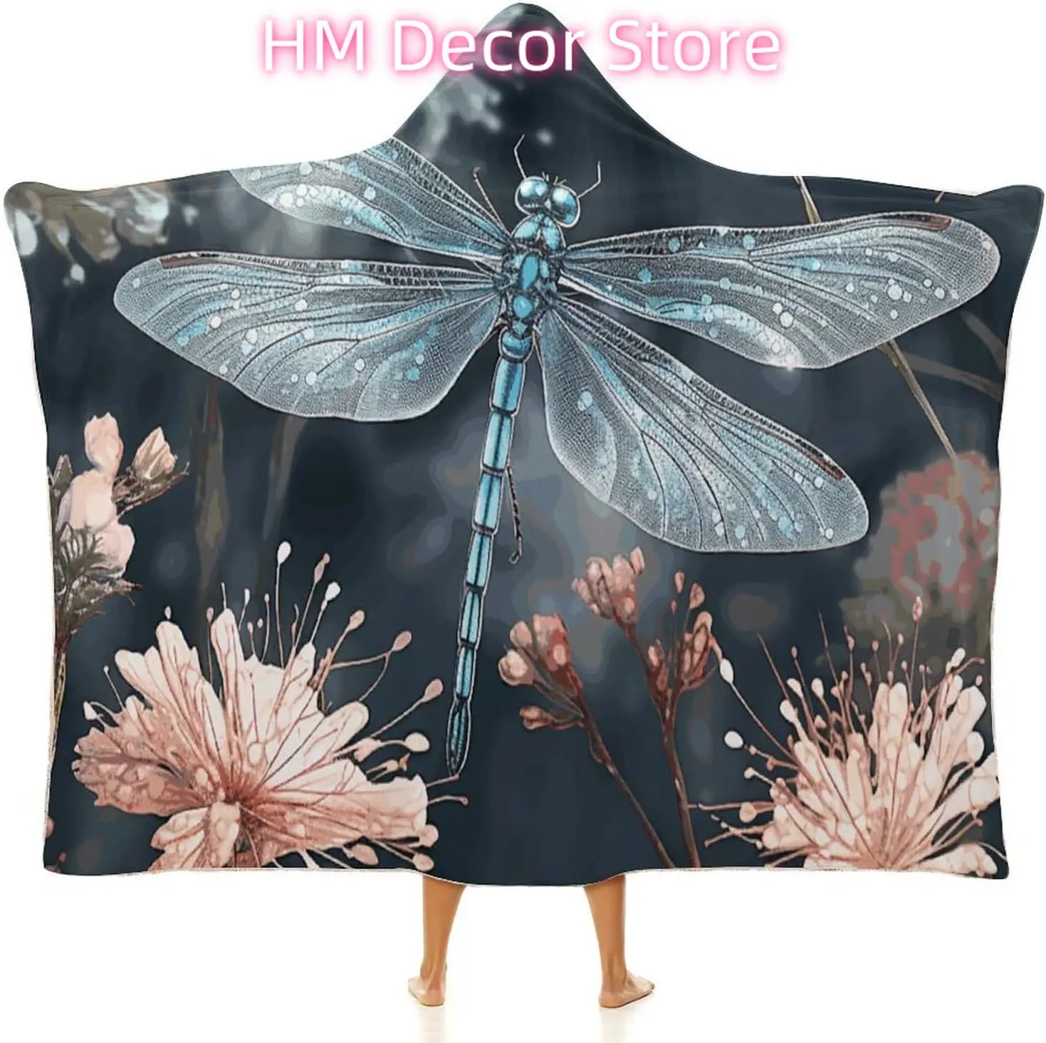 Dragonfly Flower Wearable Hooded Blanket, Ultra Soft Arctic Velvet Cape Cloak Unisex - Cozy Wearable Blanket