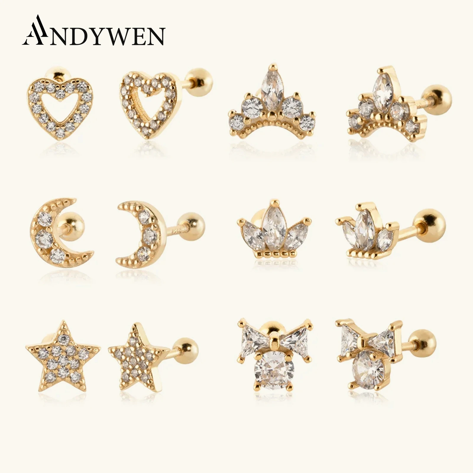 ANDYWEN 925 Sterling Silver Gold Heart Beads Stud Earring Moon Star Piercing Queen Butterfly Pendientes Biżuteria ślubna dla kobiet