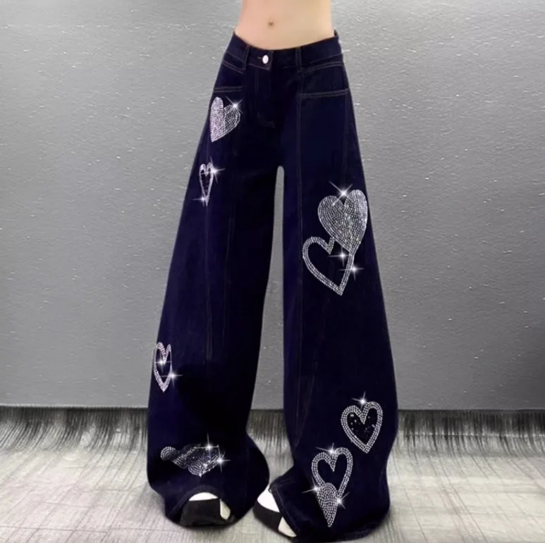 2025年トレンドセレブ女性用パンツ アメリカンスタイル ハートラインストーン ブラックジーンズ スパイシーガール ハイウエスト ストレート ワイドレッグ ロングパンツ