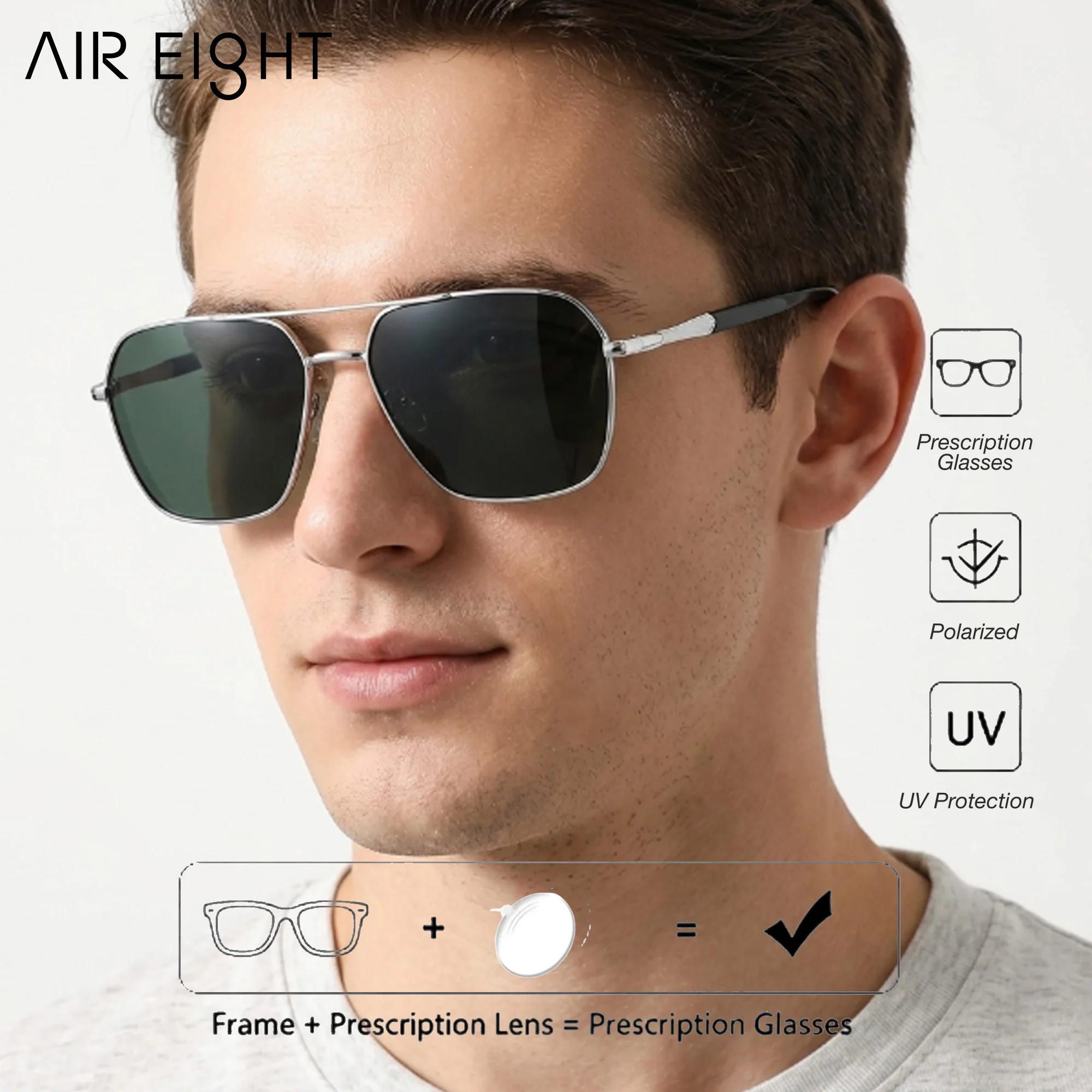 AIR EIGHT XL Size Aviator Metal Prescription Sun Glasses for Men Polarized UV400 Progressive Lenses Stylish Eyewear