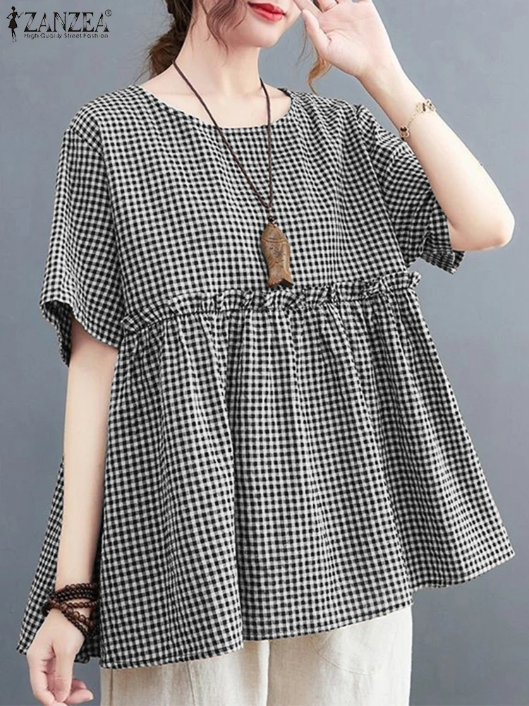 

2025 ZANZEA Summer Plaid Checked Blouse Vintage Women Tops Casual O Neck Short Sleeve Blusas Stylish Ruffled Work Shirt Oversize