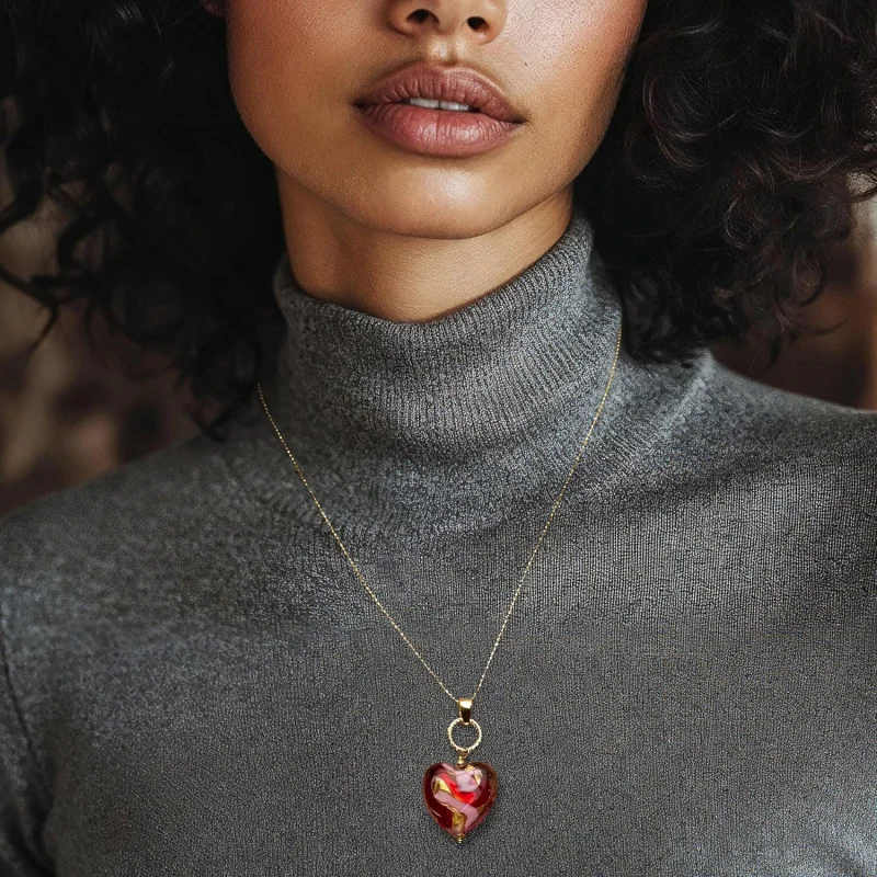قلادة قلب من زجاج مورانو الأحمر، مطلية بالذهب عيار 18K، فضة استرليني 925، سلسلة قابلة للتعديل 16-20 بوصة، هدية مجوهرات أنيقة للنساء #2