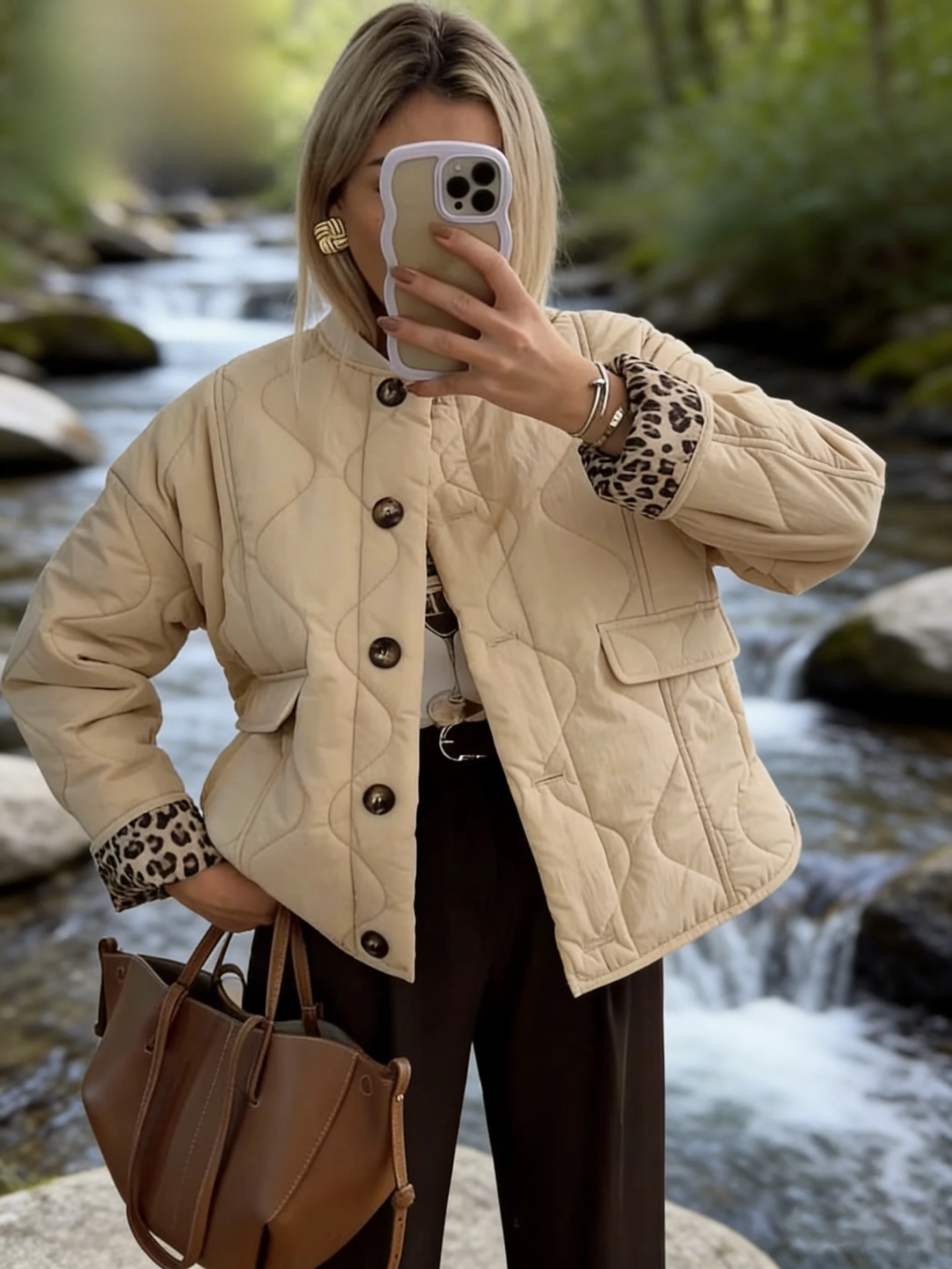 

Warm Cotton Jaet Women's Street Sle Casual Embroidered Autumn Winter Faion Outerwear Long Sve Button Decorated Coat