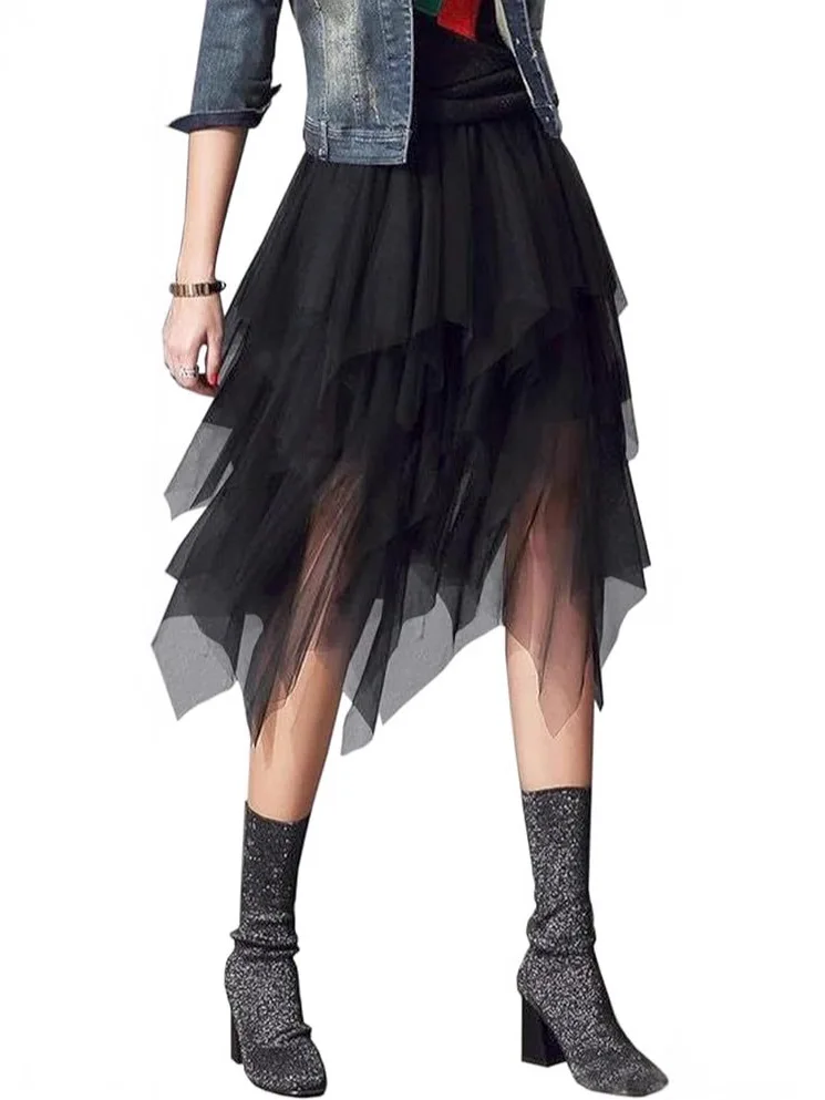 2026 New Tulle Bubble Skirt Women Layered Ruffle Irregular High Waist Spring Sexy Solid Color Mesh Skirt Daily Life and Vacation