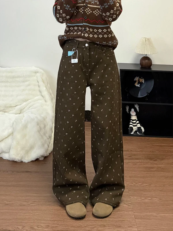 

Свободные прямые брюки с высокой талией и цветочным принтом, коричневые джинсы, женские осенне-зимние новые повседневные брюки PmORh с рисунком