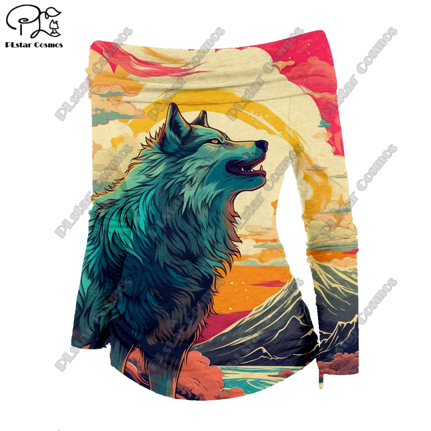 

3D printed animal series wolf king and dragon pattern art print off-shoulder pleated tight T-shirt women's casual top