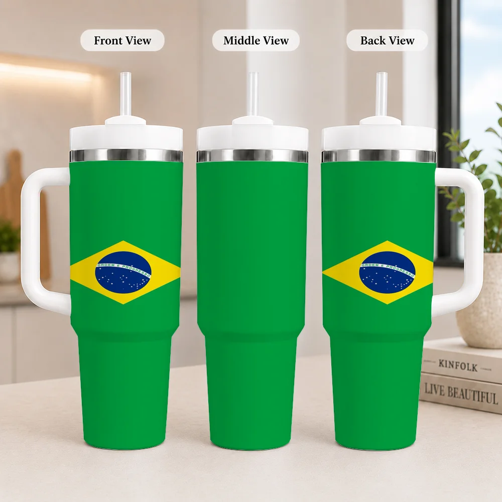 Brazil National Flag Soccer Fan Vacuum Flasks 40oz Leakproof Steel Tumbler w/ Lid Straw Handle Hot Cold Drinks