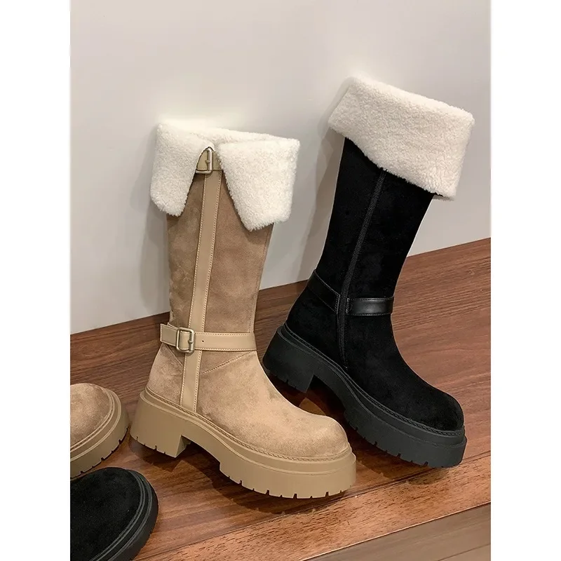 Autumn and winter fashion all-in-one platform round head belt buckle knight boots women's platform and velvet thigh-high boots