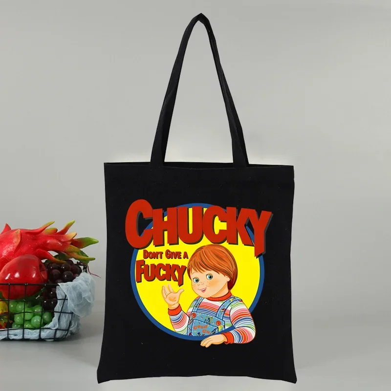 Chucky Halloween Horror Movie Women\'s Shopper Bag Canvas Tote Shoulder Bags Shopping Bag Black Cloth Handbags Eco Friendly