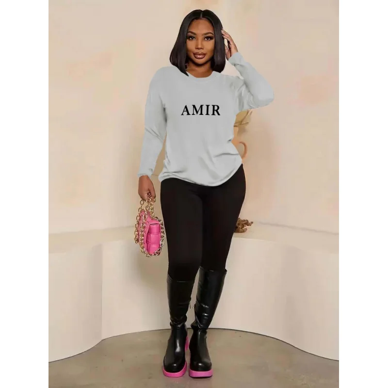 Conjunto de dos piezas de camiseta y pantalones de manga larga con cuello redondo, estampado creativo y casual para mujeres, para primavera, otoño e invierno