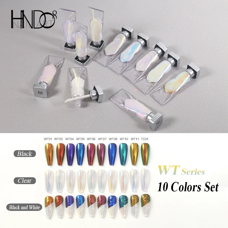 HNDO 10 Colors Set Liquid Chrome Powder Aurora Metallic Effect for Professional Nail Art Manicure Nails Pigment WT Series