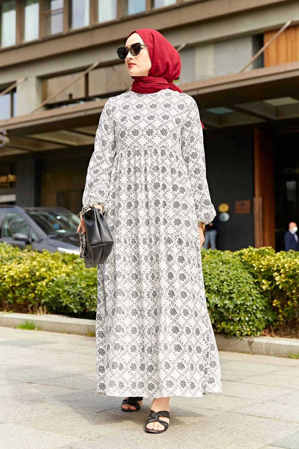 Ethnic Pattern Fisto Dresses White Winter Autumn 2021 Muslim Women Hijab headscarf Islamic Turkey