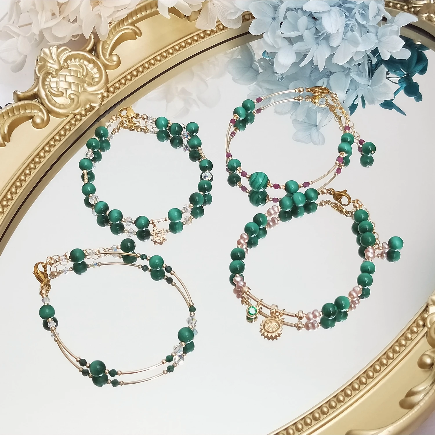 Lii Ji Natural Malachite 6MM Freshwater Pearl 14K Gold Filled Charms Bracelet Handmade Bohe Fashion Jewelry For Female