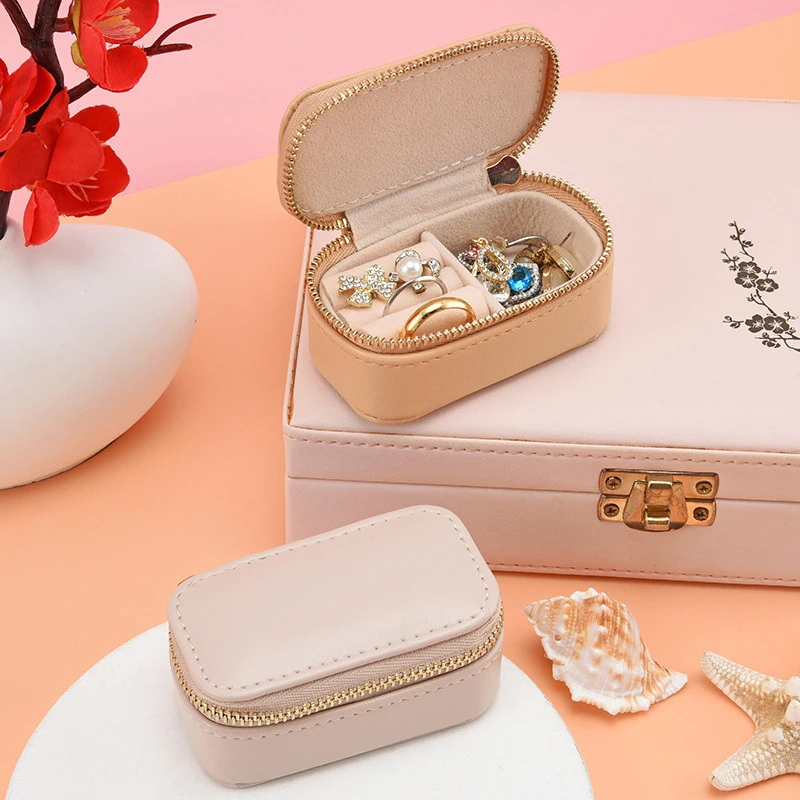 Creative Mini Jewelry Box Travel Portable Zipper Women Jewelry Organizer Small PU Leather Earrings Necklace Rings Storage Case