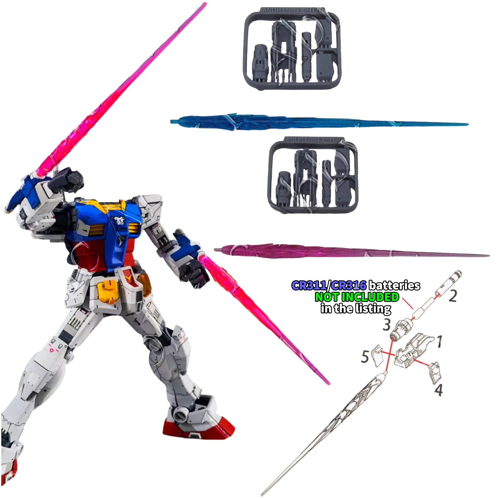 2x Arm Rifle Beam Saber Lighting Handle Blade Effects Parts for MG 1/100 RX-78 Anubis TX-020 Requires CR311/CR316(NOT INCLUDED)