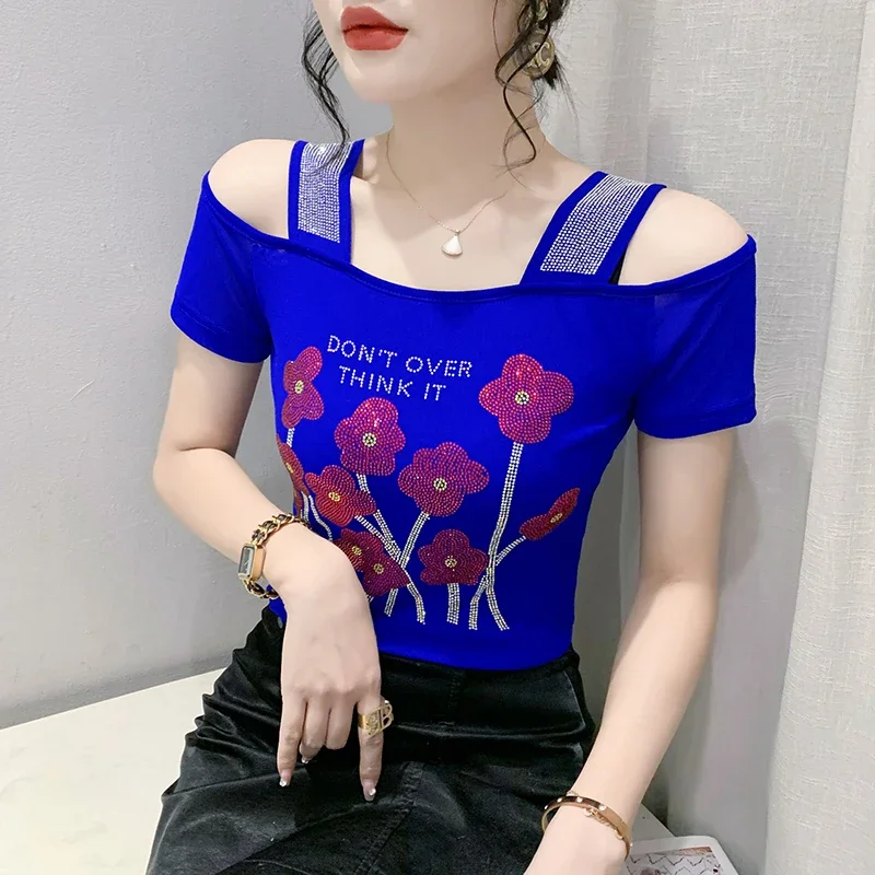 

2024 Summer New Diamond-Encrusted Double-Layer Ice Silk Gauze Short Sleeve T-Shirt Fashion Off-The-Shoulder Women Tops B04