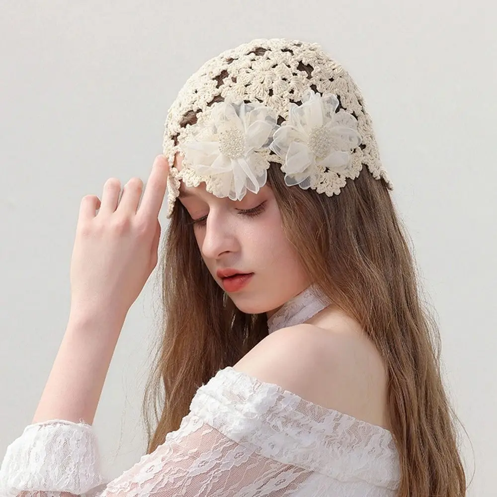 Sweet Hollow Out Crochet Hollow Flower Knitted Hat Elegant Pearl Warm Warm Beanies Hat Pullover Thin Knit Cap Autumn