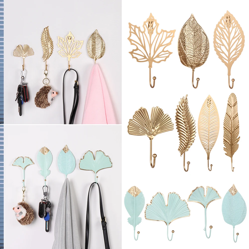 Gold/Green Home Decoration Bathroom Organization Leaf Shape Wrought Iron Hook Wall Hanger Hanging Storage Rack