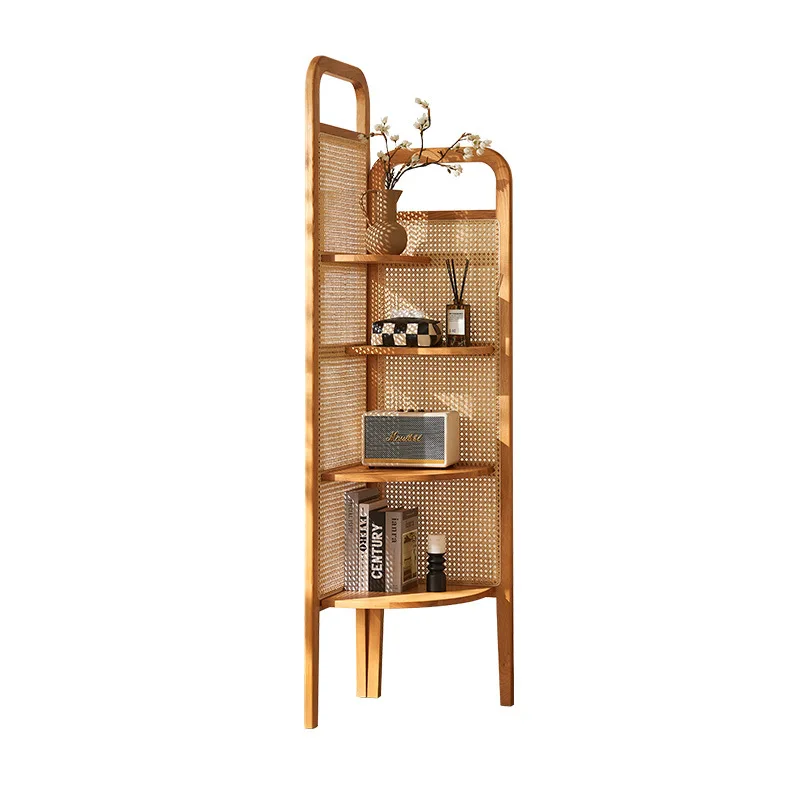

Rattan all solid wood floor-to-ceiling bookshelf removable storage triangular corner corner cabinet