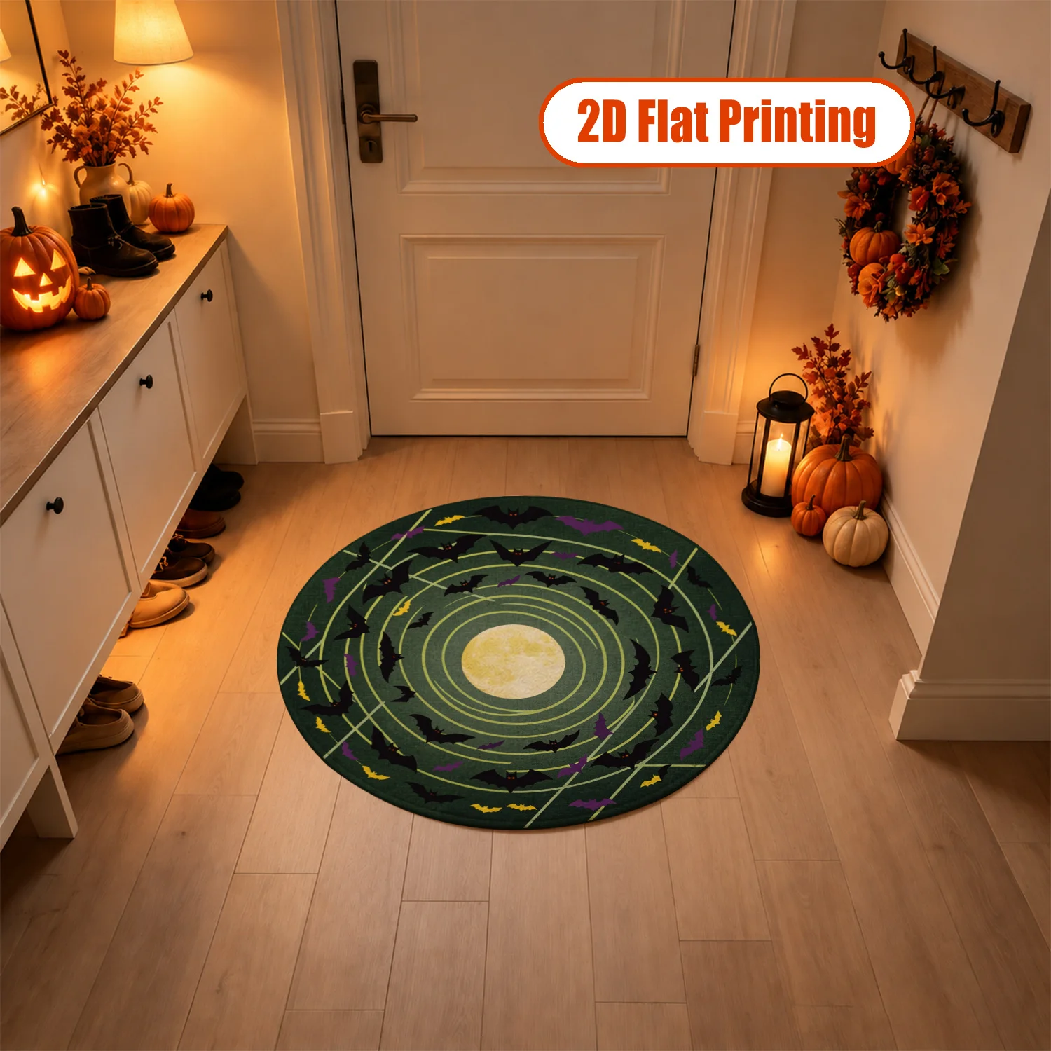 Bat Full Moon Print Round Rug Velvet Machine Washable for Living Room Bedroom Entryway Dining Room Halloween Thanksgiving Christmas New Year Black Friday Cyber Monday