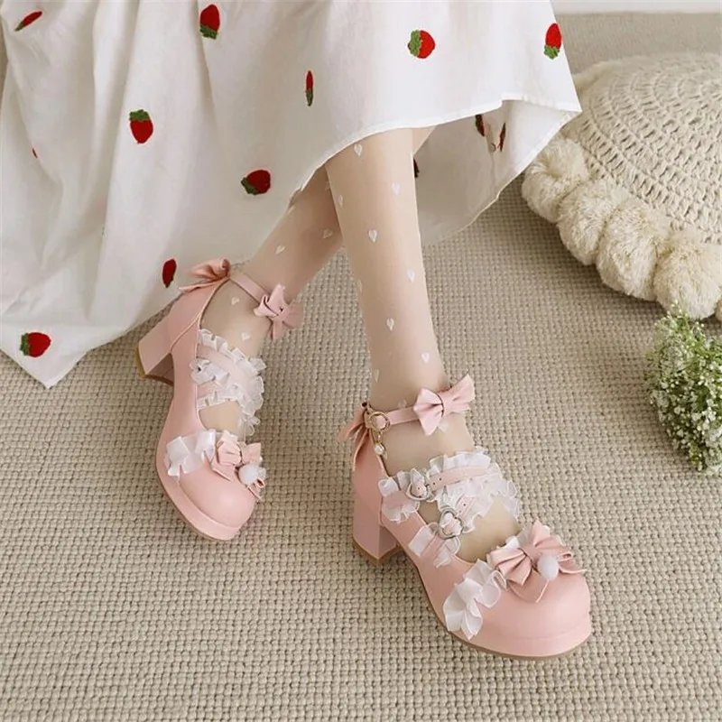 Lolita Girls High Heel Shoes Bowknot Princess Ruffles Japan Sweet Bride Wedding Party Dress Shoes Women Pumps Plus Size 34-46