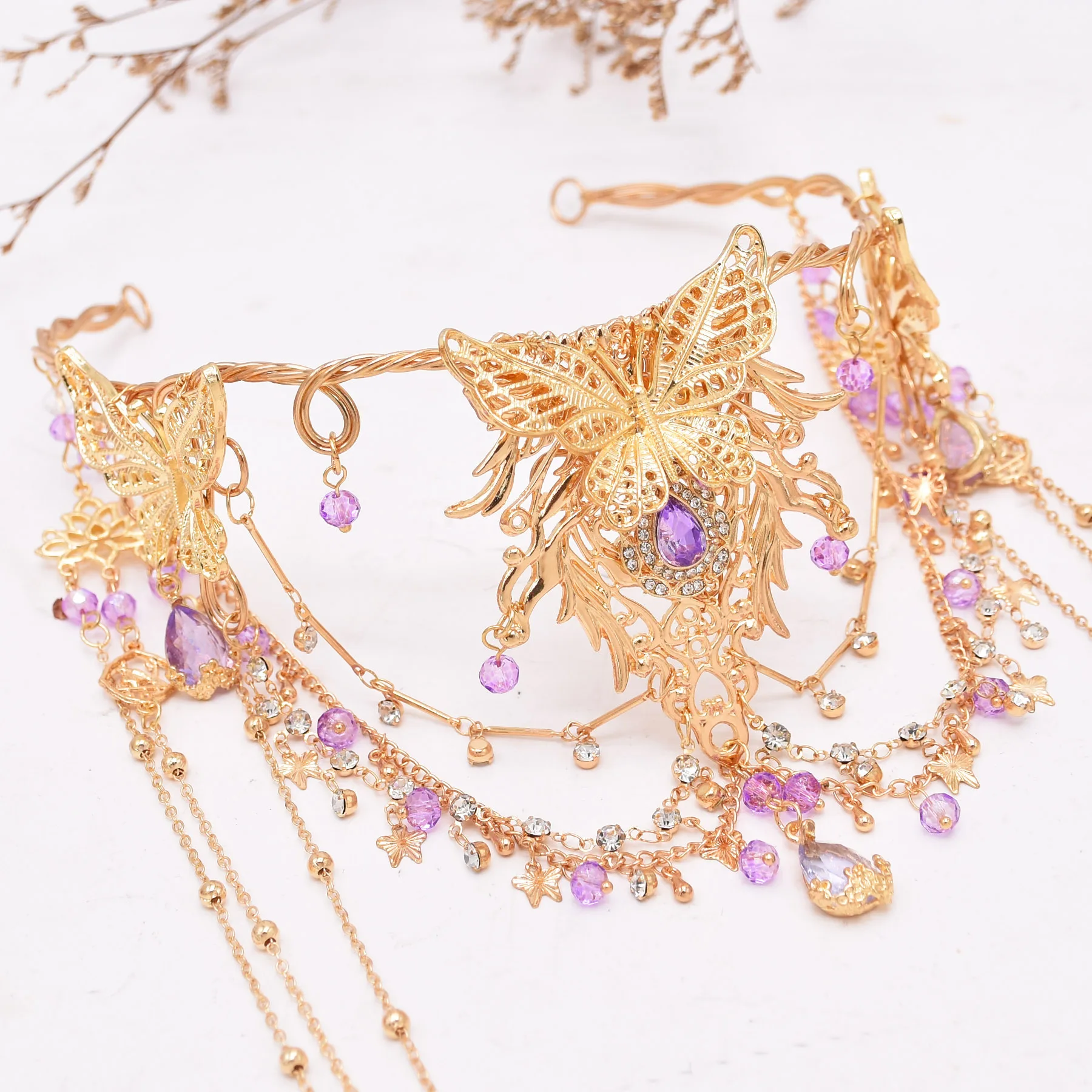 Tiara of Elves Gold Plated Crown Fashion Fairy Ethnic Long Tassel Full Crystal Women Hair Accessories