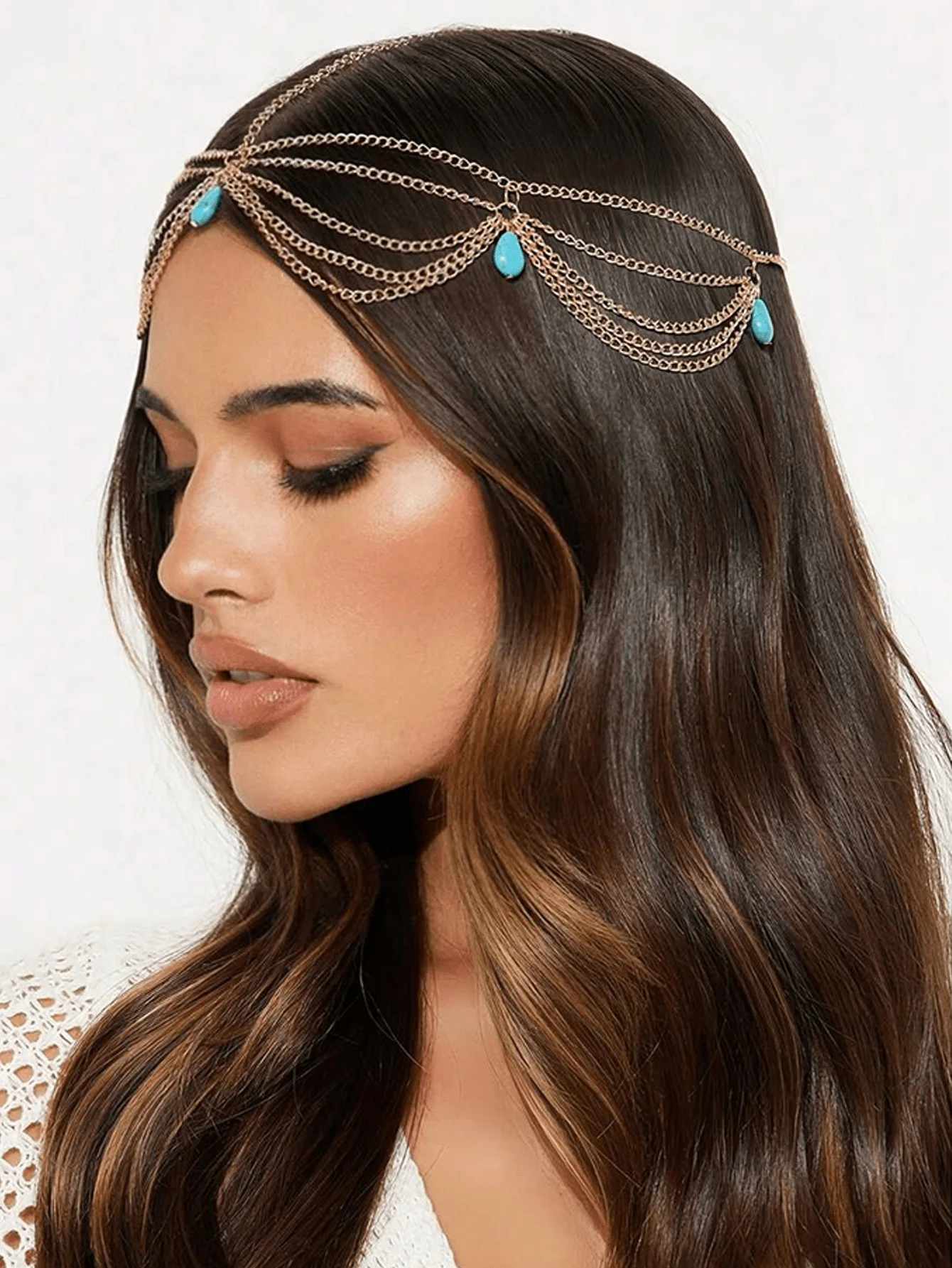 

1 Piece Minimalist Retro Bohemian Green Turquoise Tassel Headband with Gold Chain, Hair Accessory, Headpiece Jewelry, Hair Jewelry, Wedding