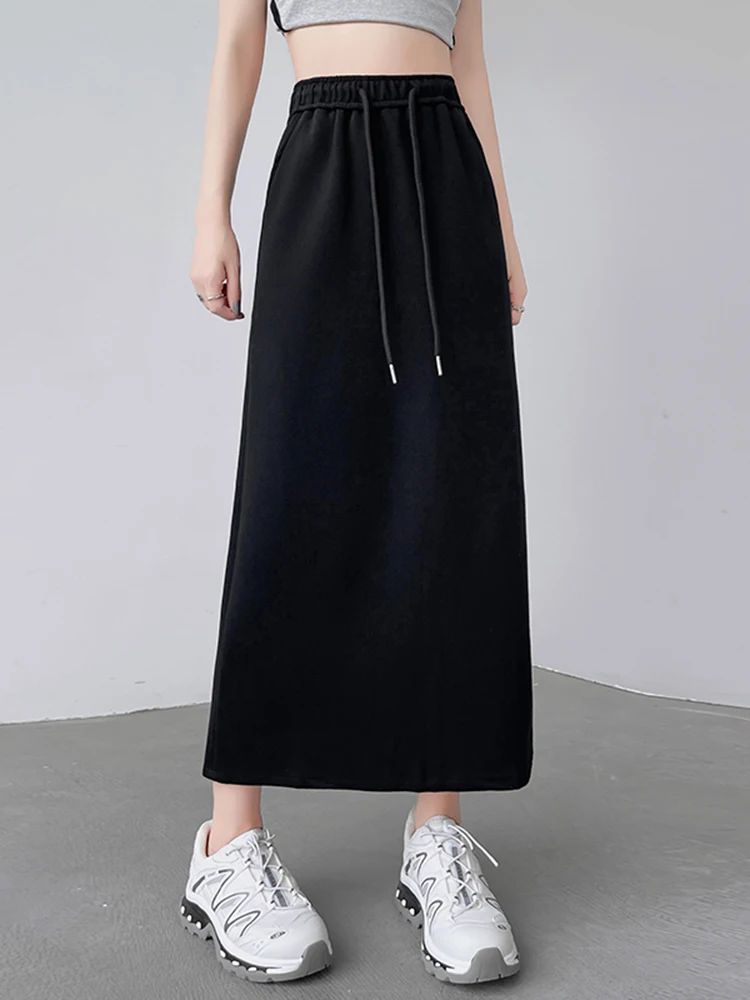 Summer Chic Split Basic Office Ladies Casual Female Skirts Classic Drawstring Elastic High Waist Fashion Simple Women Long Skirt