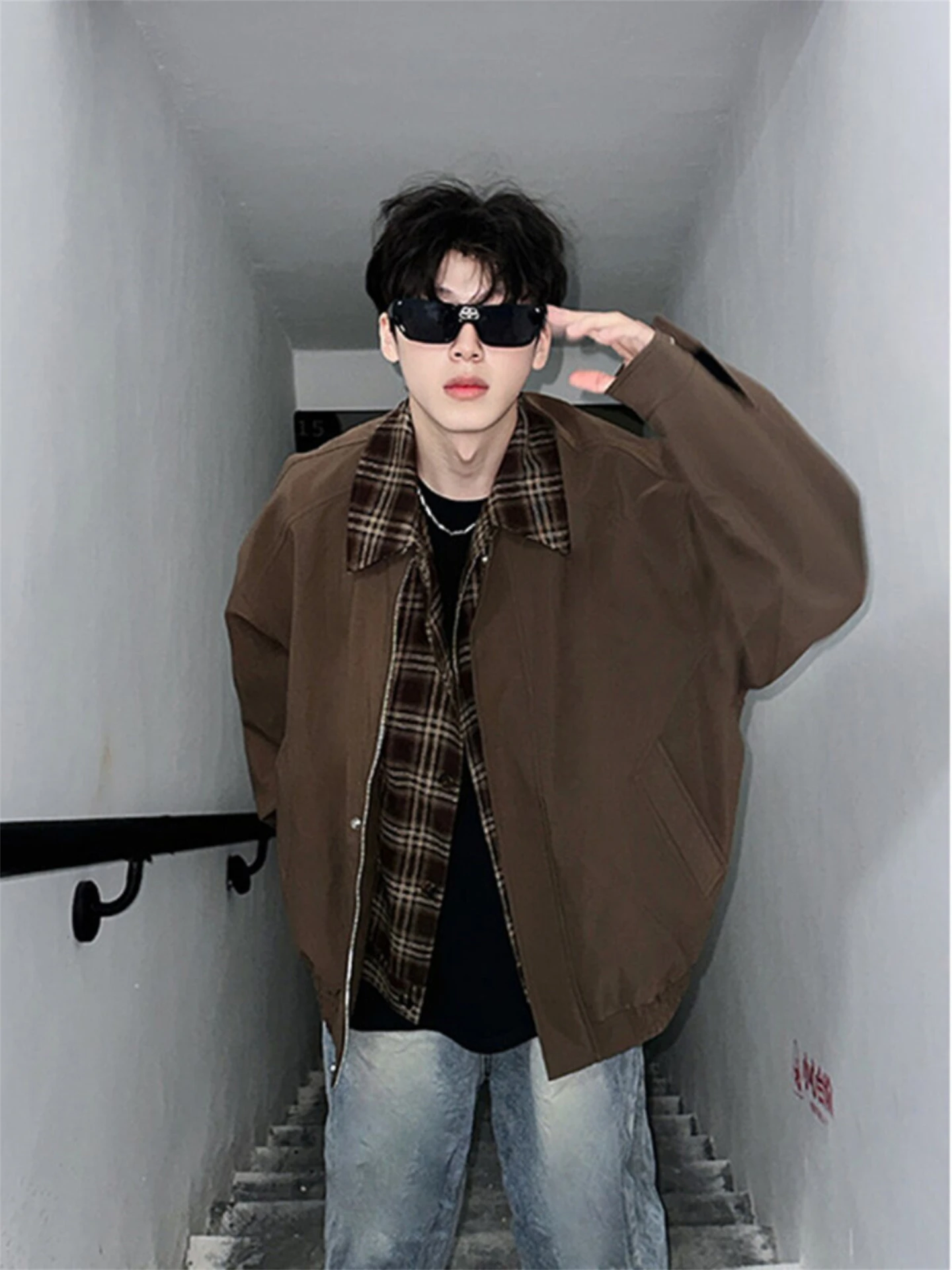 Vintage Brown Men's Baseball Jacket Spring Autumn New Style Turn-down Collar Fake Two-piece Coat Handsome And Cool