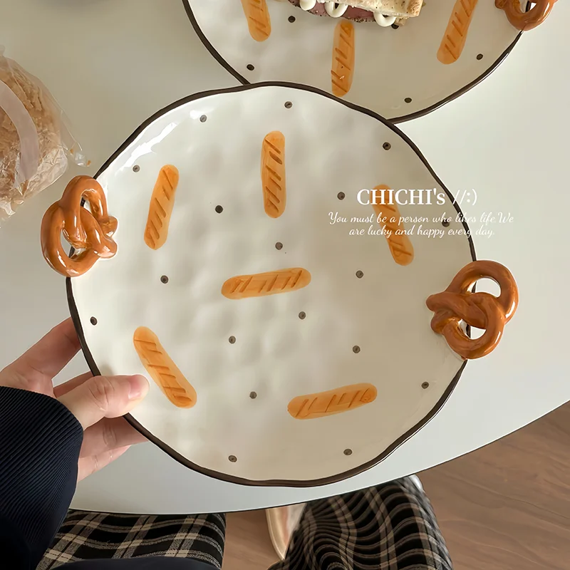 Cute Handle Ceramic Plate Korean Polka Dot Household Dessert Plate Creative Ins Style Color Blocking Breakfast Tableware