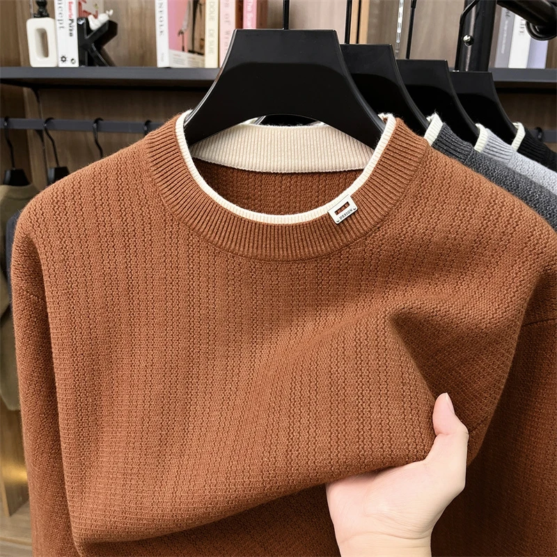 Trend fake two-piece knitted sweater high-quality thickened warm winter comfort pullover new casual round neck men's clothing