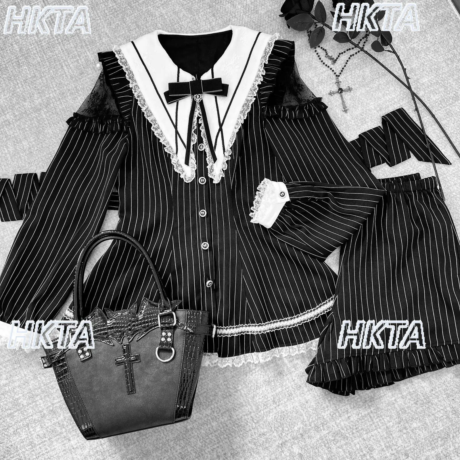 

Japanese Summer New Subculture Y2k Sweet Lapel Lace Stitching Bow Waist Lolita Dress Pleated Black Shorts Two Pieces Sets Women