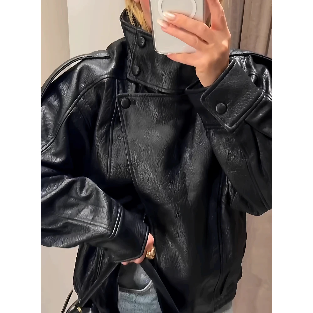 เสื้อแจ็คเก็ต PU ผู้หญิง แจ็คเก็ตหนังเทียม แขนยาว สไตล์มอเตอร์ไซค์ แฟชั่น  สำหรับฤดูใบไม้ร่วง  รุ่นใหม่