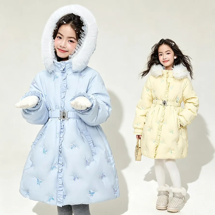 Kinder Mädchen Prinzessin Daunenjacke 90% Weiße Entendaunen Lange Kapuzenjacke Rüschenbesatz Warme Winteroberbekleidung 3-12 Jahre A5106 – Detail 3