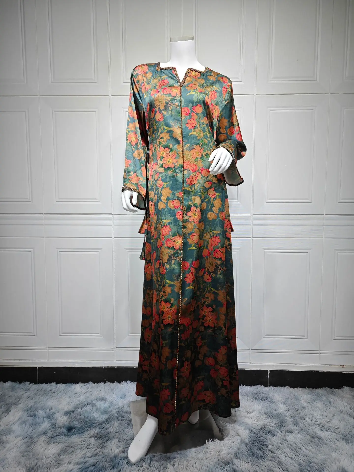 ムスリムアバヤ プリントラインストーン 中東ドレス ソフト生地 ホームウェア ドバイ ジャラビーヤ ローブ アバヤ ロングルーズドレス