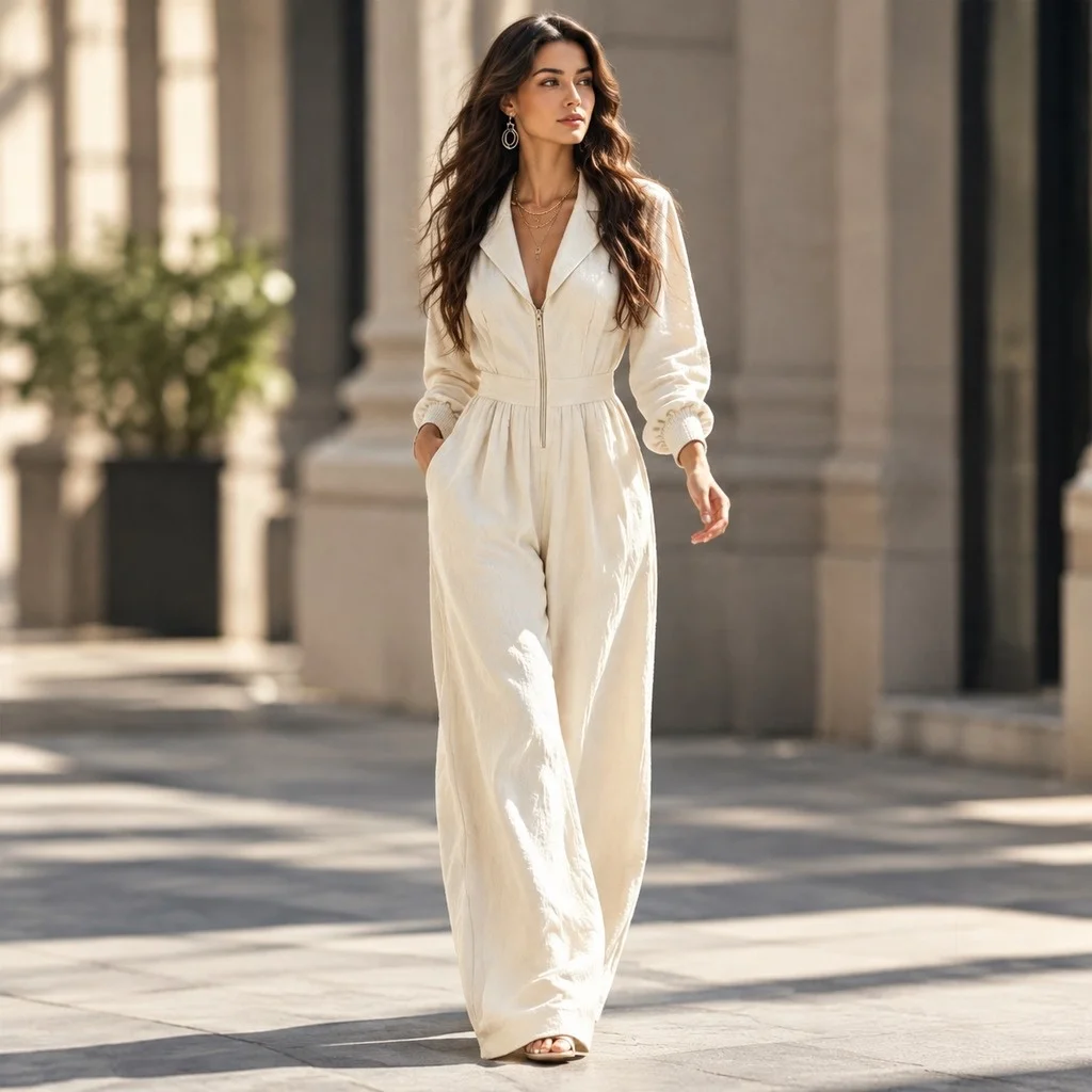 Long Sleeve Zipper Pants Full Length Commuter Chic with Mid Rise Waist Western Mid Rise Straight Leg Jumpsuit Women Jumpsuit